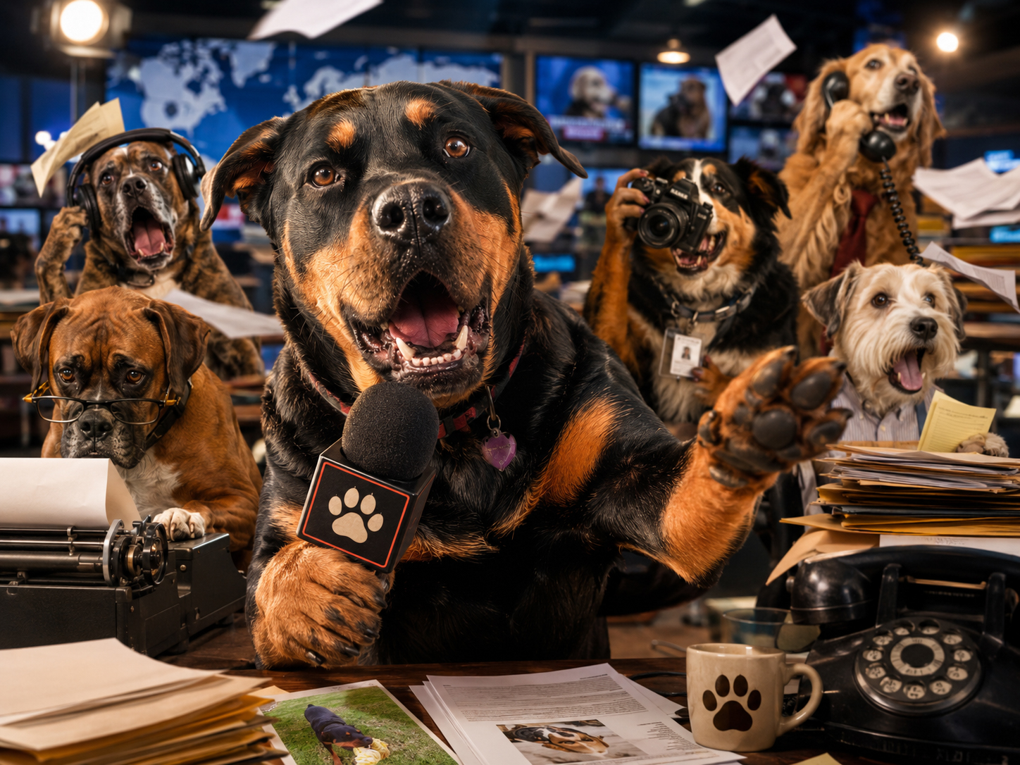 Dog reporters working in a breaking news dog newsroom
