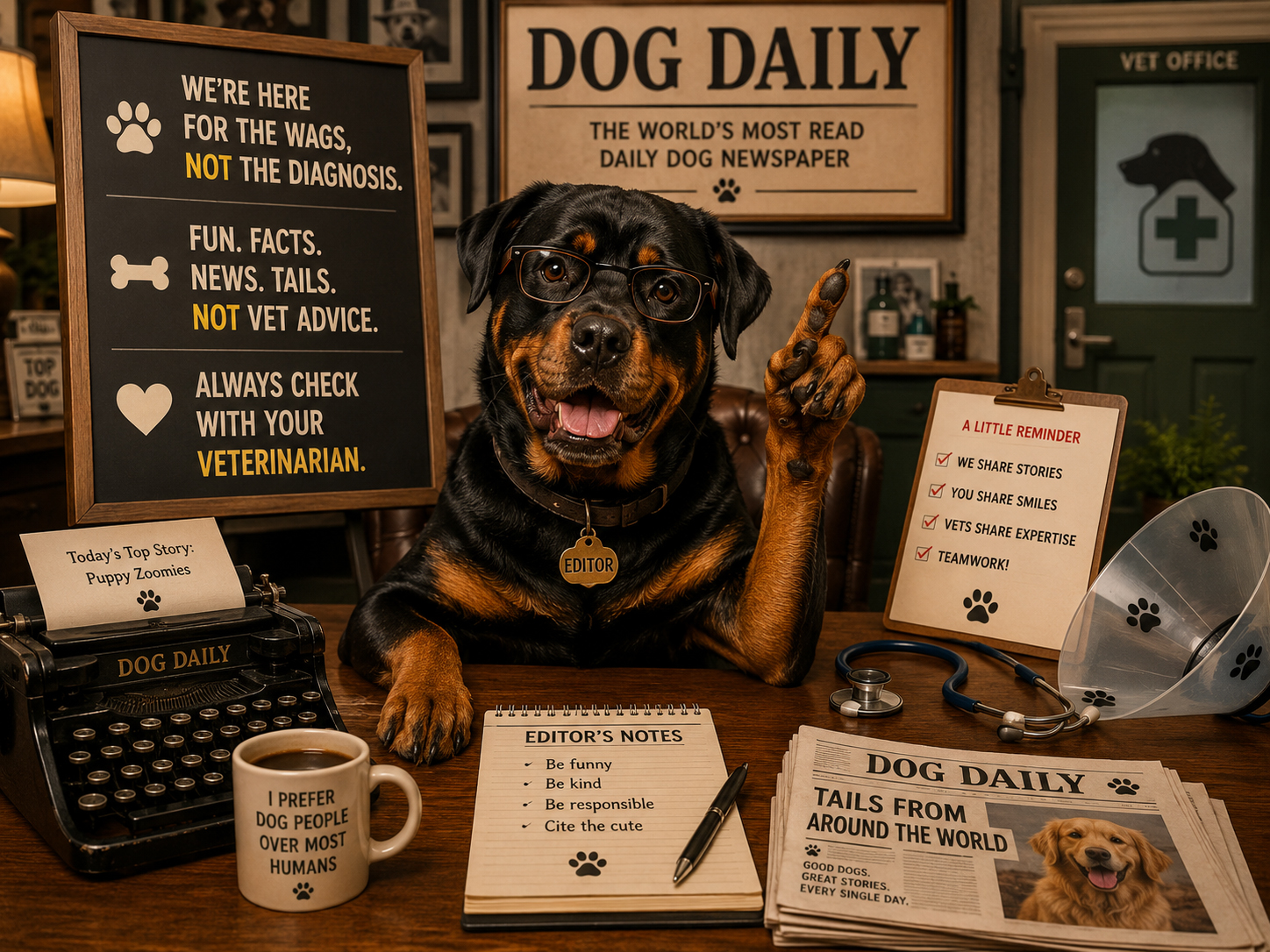 DogDaily editor explaining the site is not veterinary advice with vet props and newsroom props