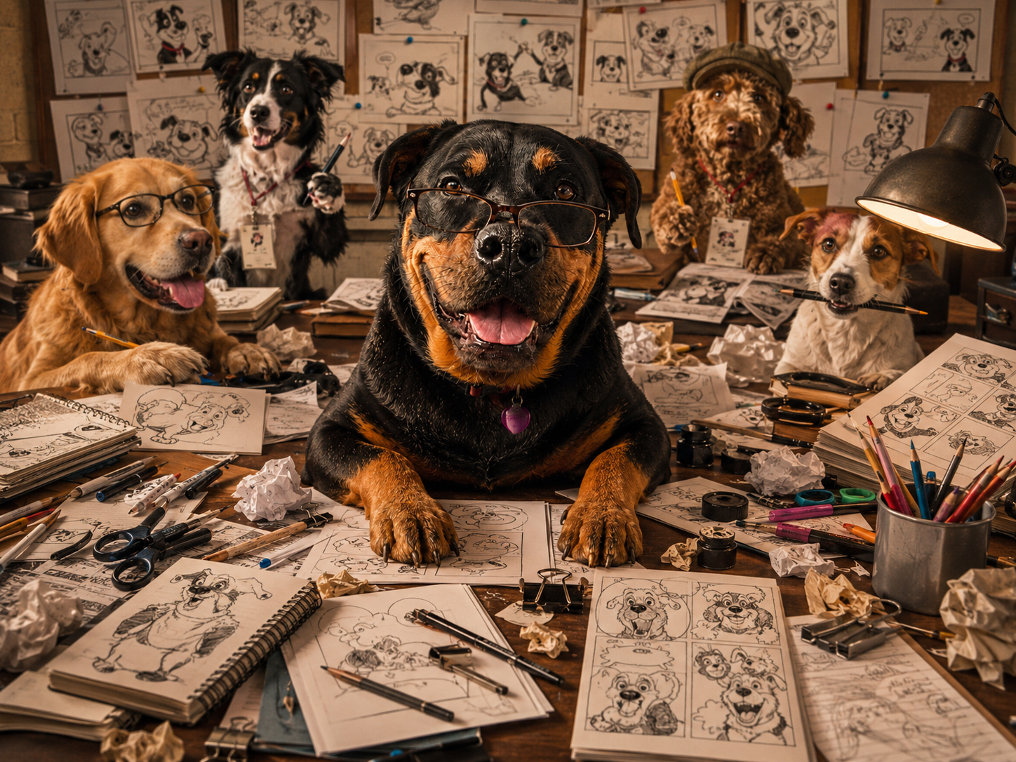 Dog cartoonists and writers at the comics desk