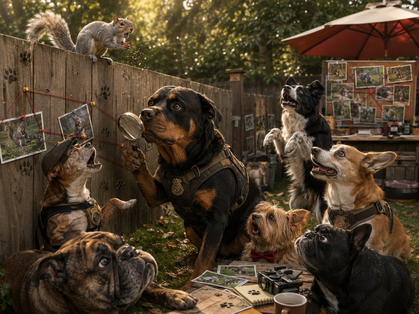 Dogs investigating a squirrel incident in the backyard