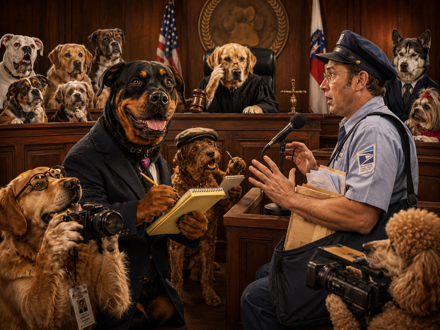 Mailman testifying in a dog courtroom