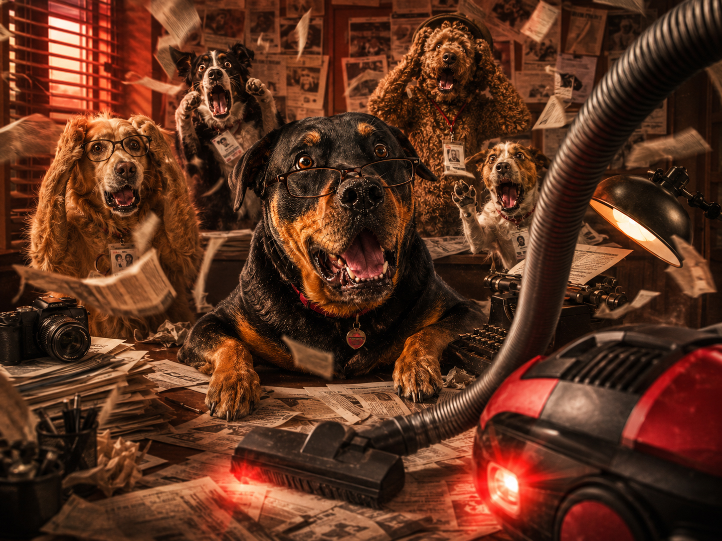 Dogs panic as the vacuum cleaner returns in the newsroom