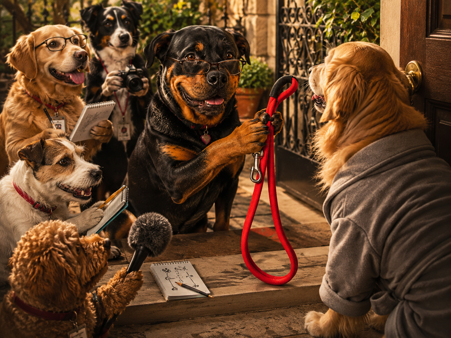 Dogs negotiating over a leash