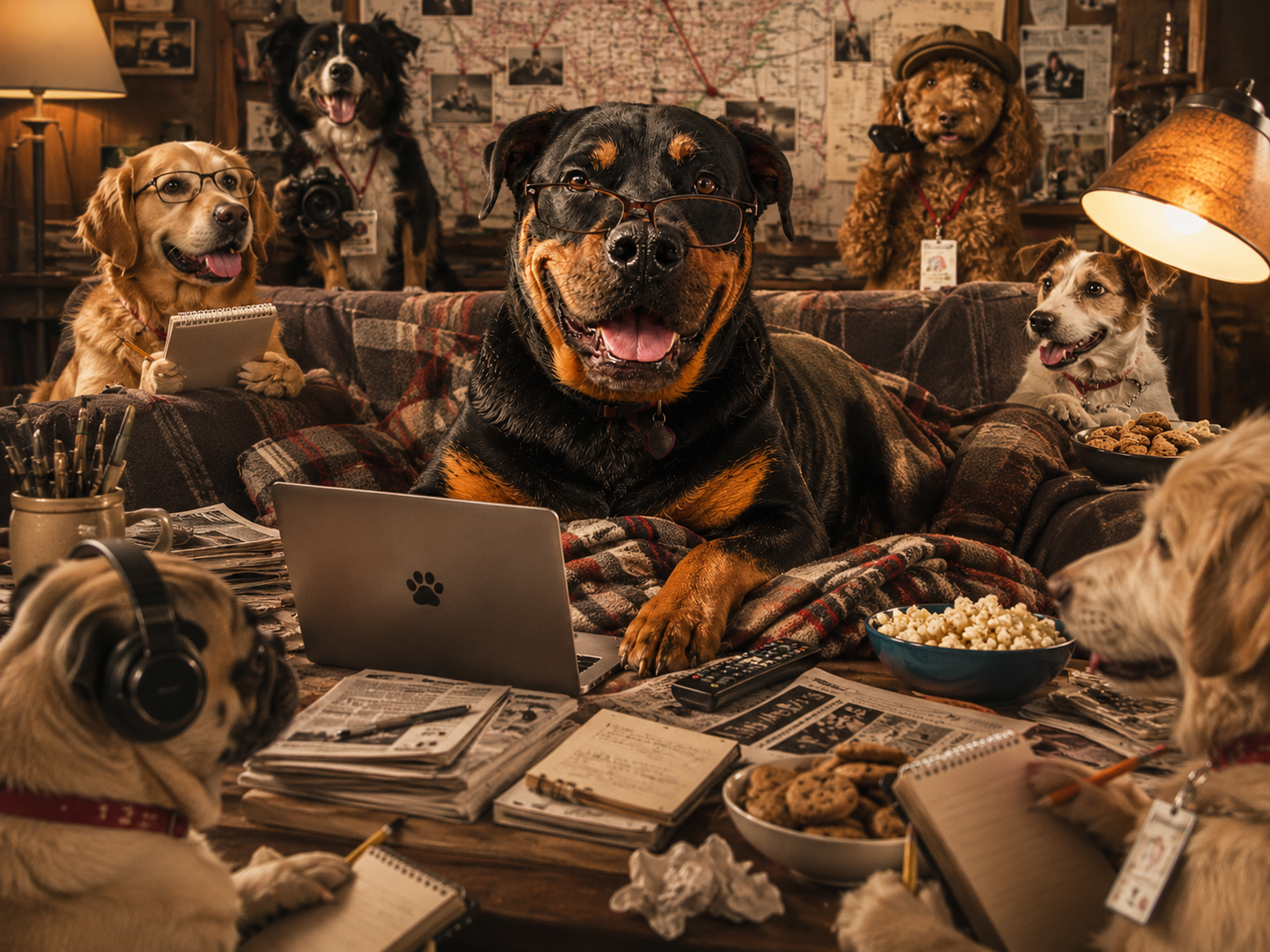 Dog running a couch command center with reporters and snacks