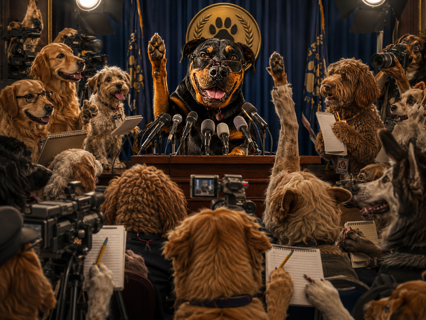 DogDaily FAQ press conference with dog reporters and microphones