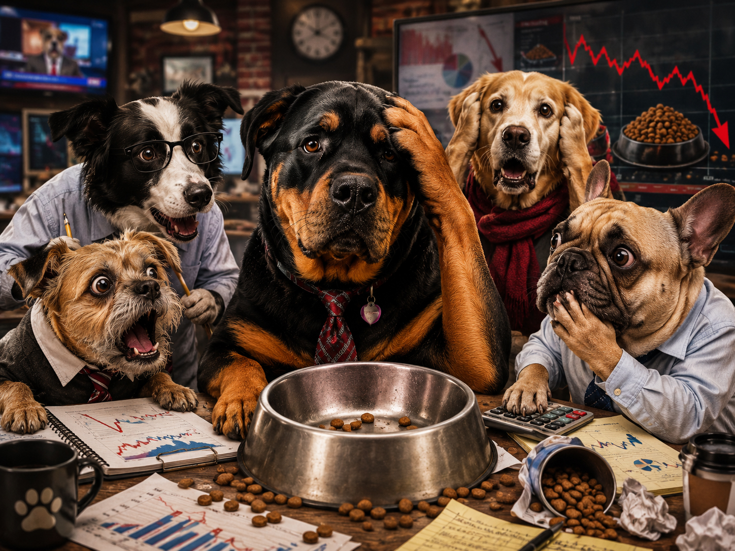 Dogs analyzing food bowl economy before nap time