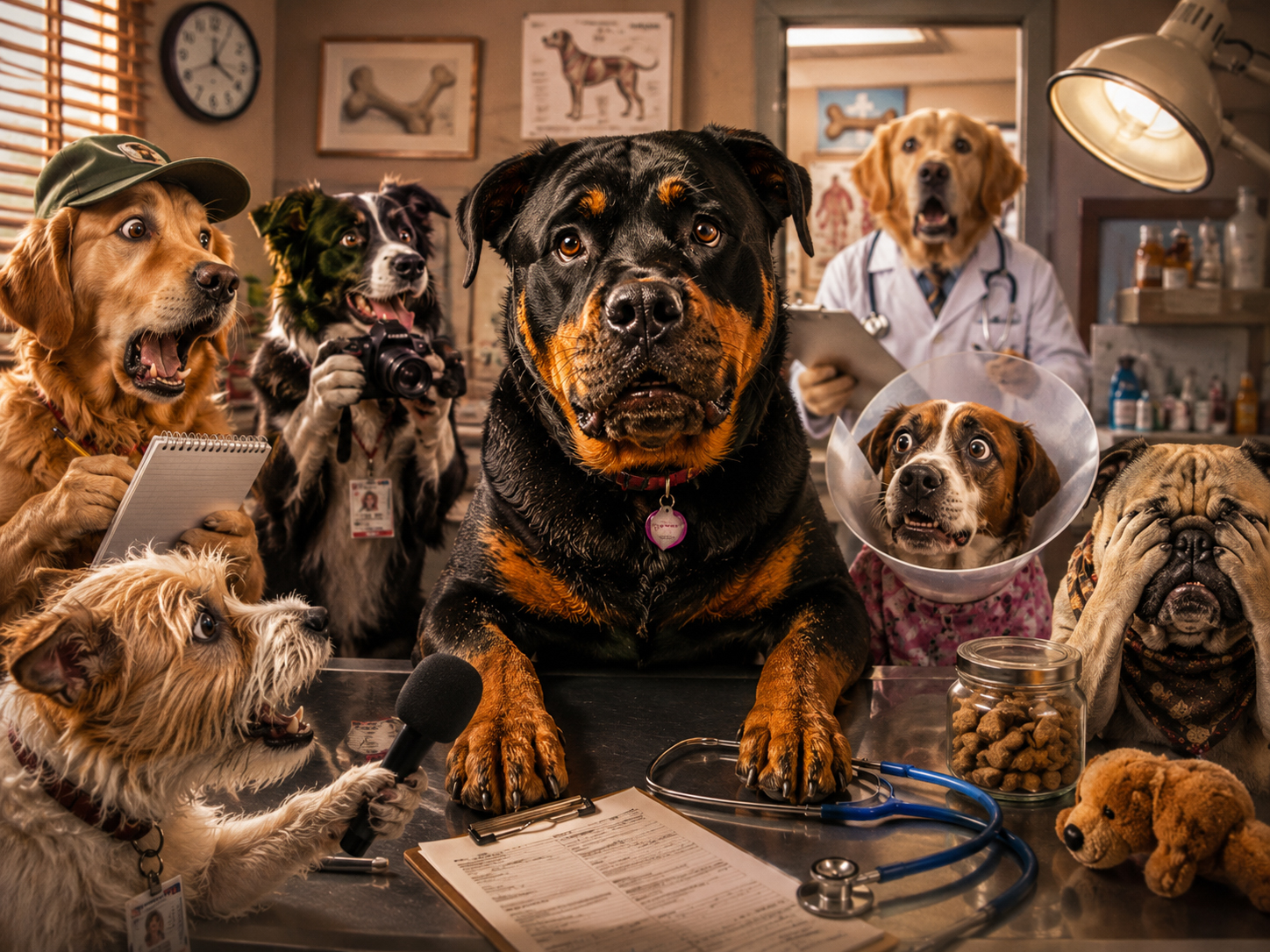 DogDaily vet panic scene with dog reporters