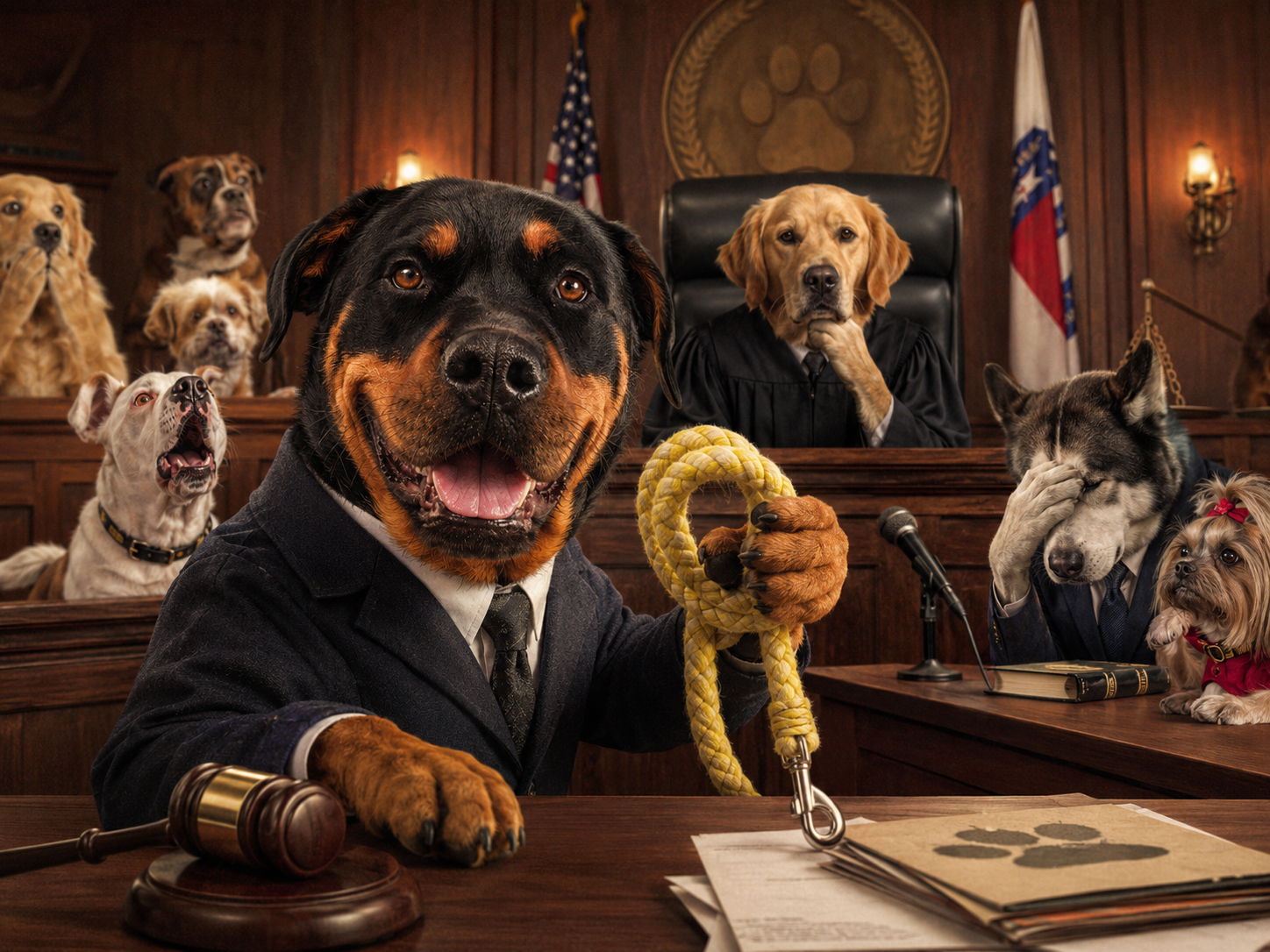Dog courtroom with leash evidence