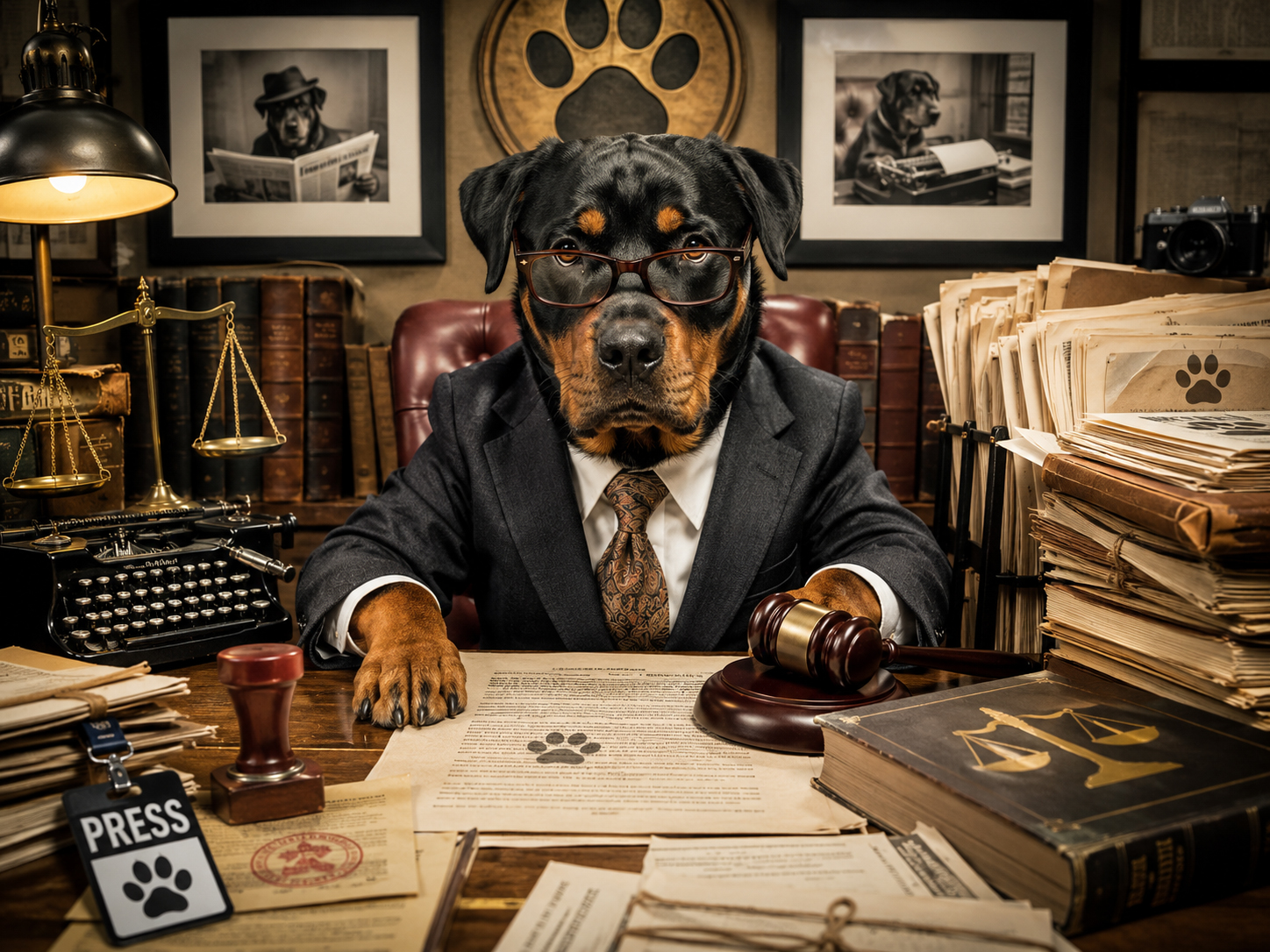 DogDaily legal dog at a newspaper law desk with gavel and papers