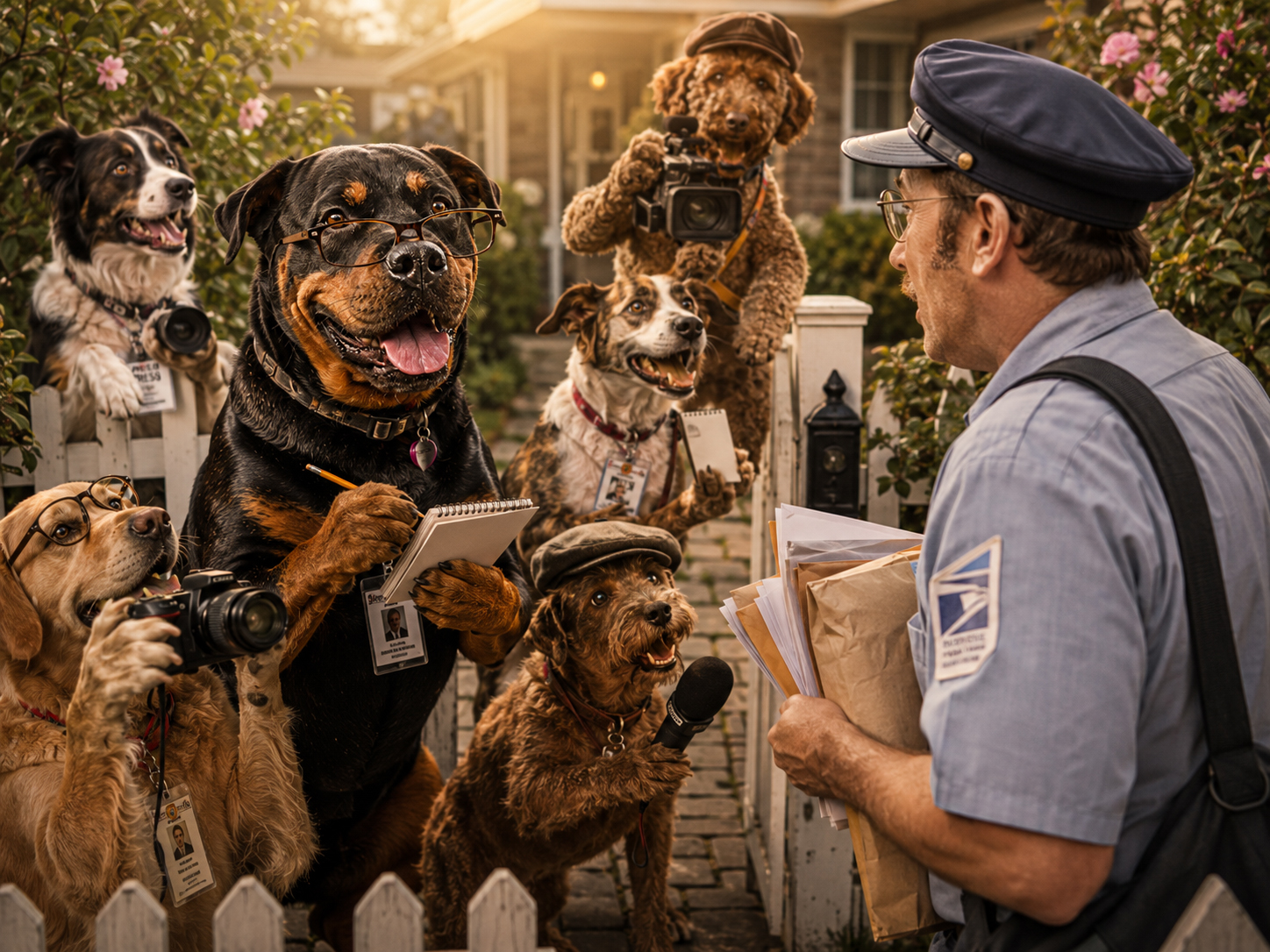 Dog reporters interviewing a mailman at the front gate