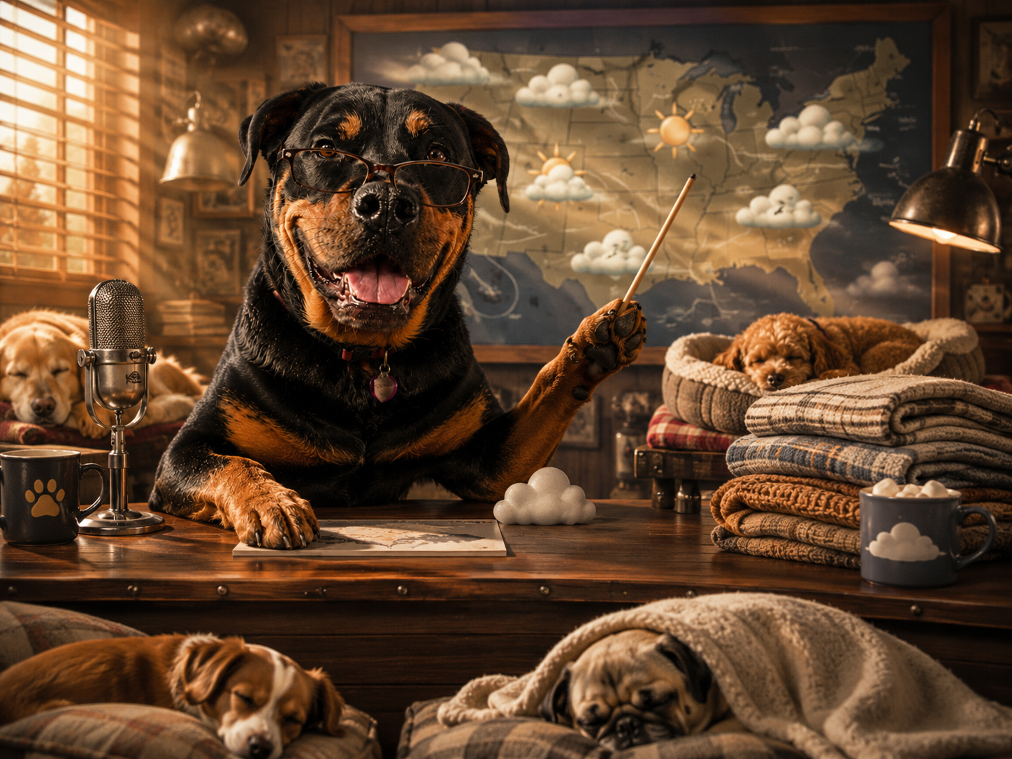 Dog weather anchor forecasting excellent nap conditions in a cozy studio