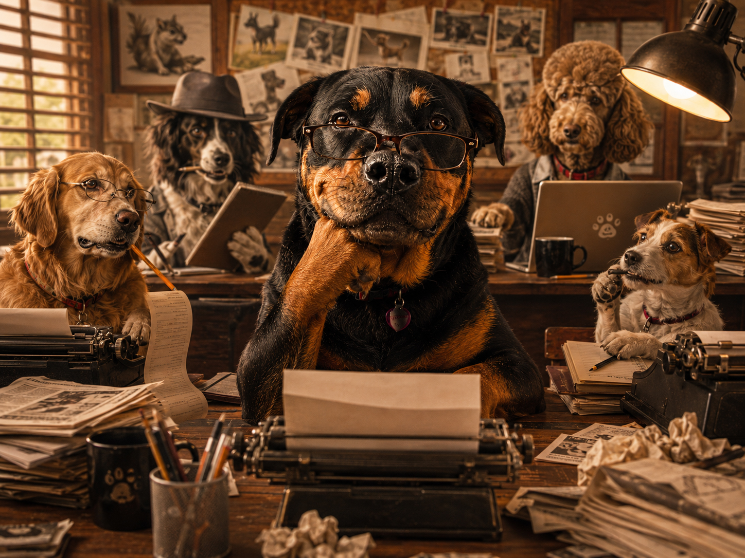 Dog opinion writers at newsroom desks