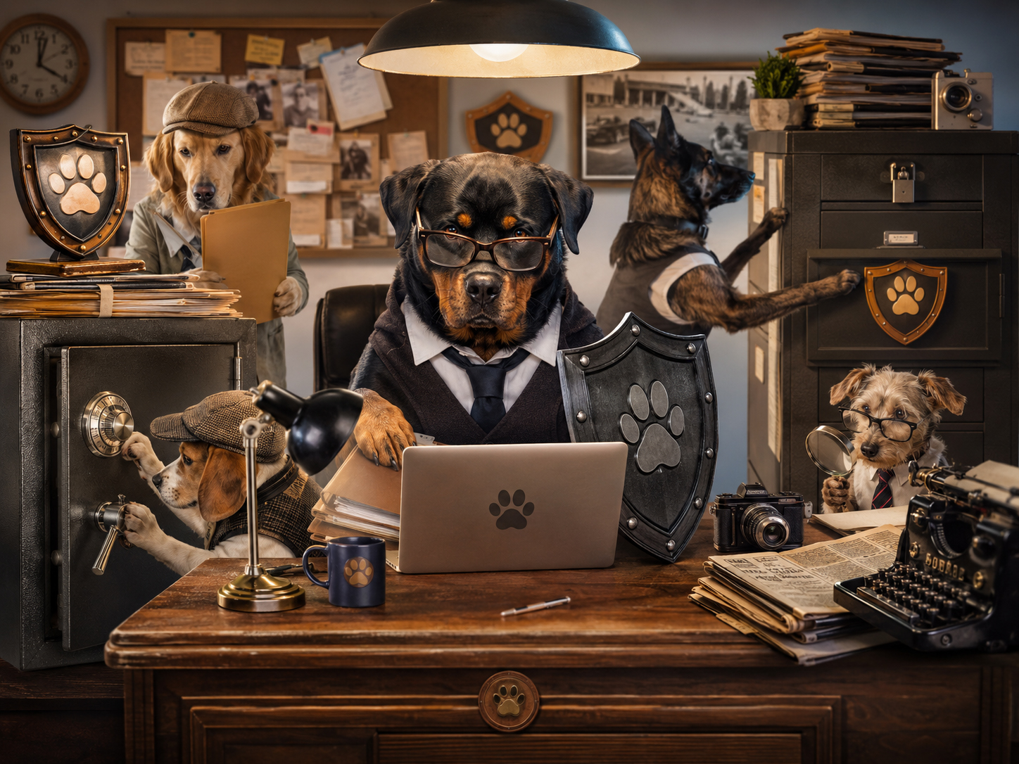 DogDaily privacy desk with dog guarding files, lockbox, and data-safe props