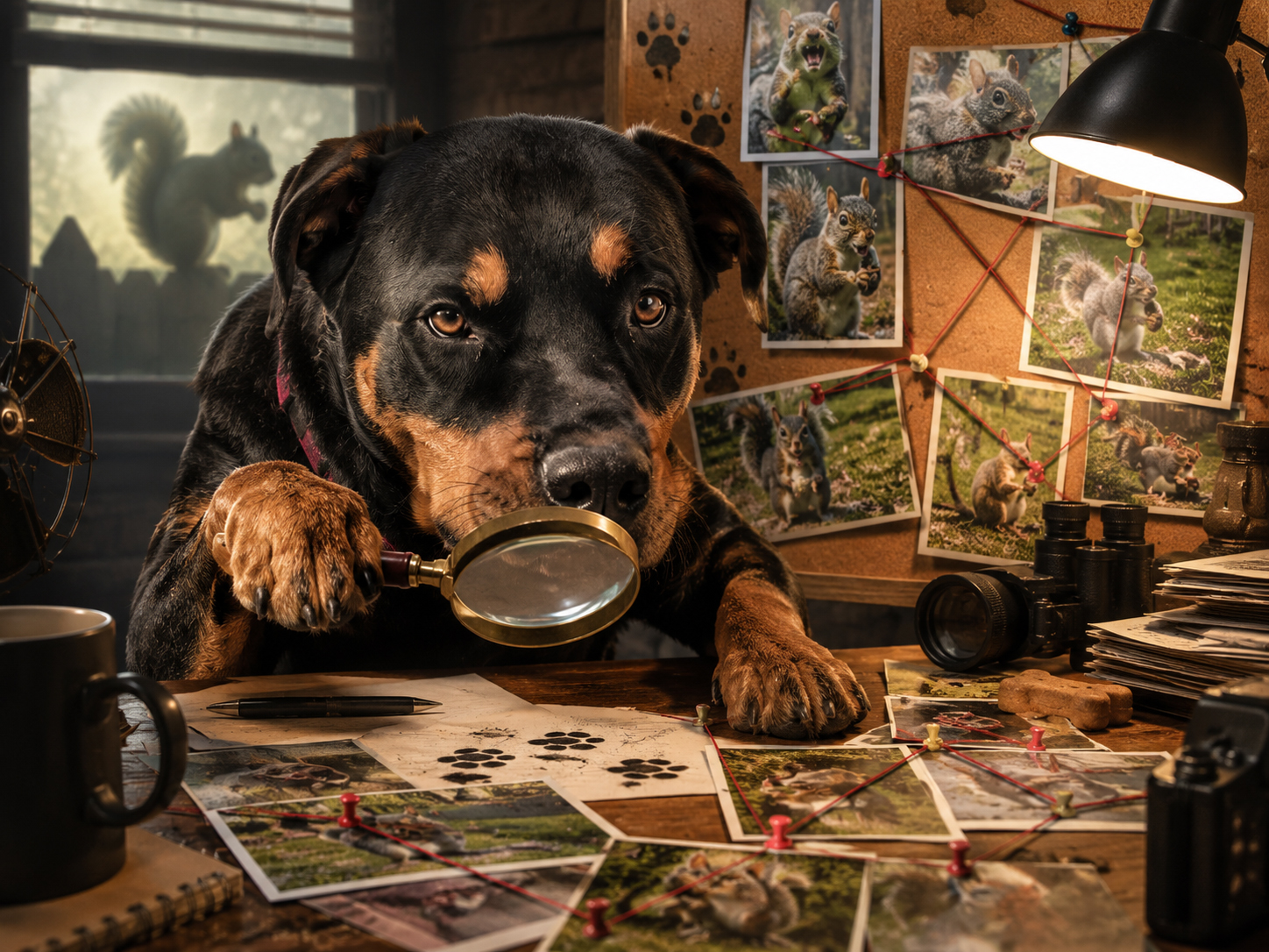 Dog detective at the Squirrel Desk investigation board